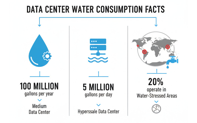 Infographic showing data center water consumption statistics: 100M gallons/year for medium facilities, 5M gallons/day for hyperscale centers, 20% operate in water-stressed areas